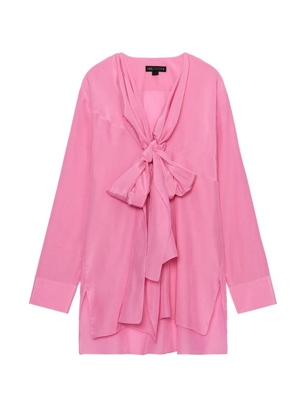 NWT Zara Flowy Bubblegum Women's Pink Tie-Neck Blouse Size S